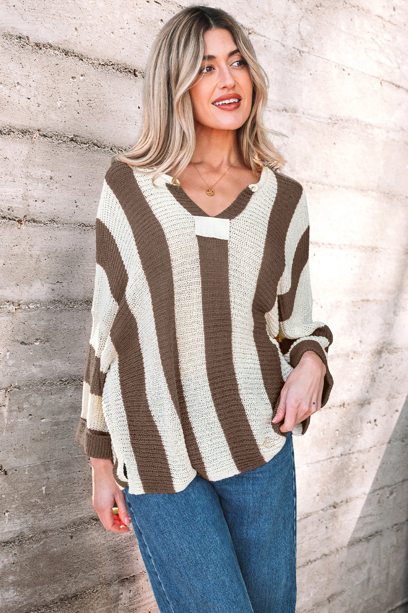 Load image into Gallery viewer, DLLS410 - Ladies Brown Stripe Colorblock V Neck Bracelet Sleeve Sweater
