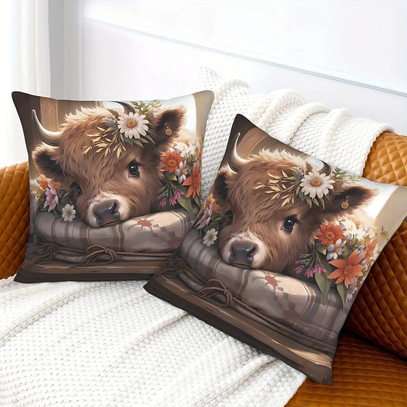Load image into Gallery viewer, TMPL115 - 2 Piece Set - 18&quot; x 18&quot; Highland Cow &amp; Daisies Throw Pillows
