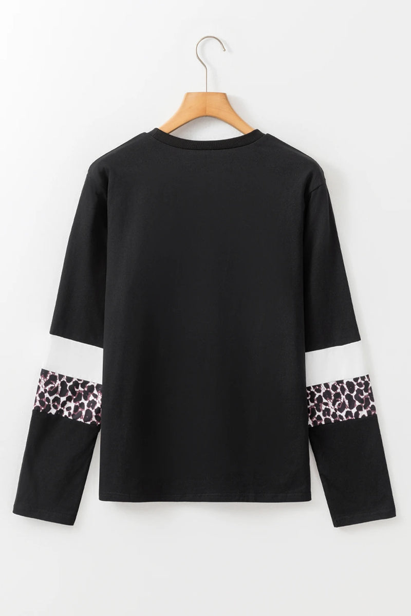 Load image into Gallery viewer, DLLS319 - Ladies White Leopard Colorblock Patchwork Crew Neck Long Sleeve Tee
