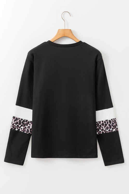 DLLS319 - Ladies White Leopard Colorblock Patchwork Crew Neck Long Sleeve Tee