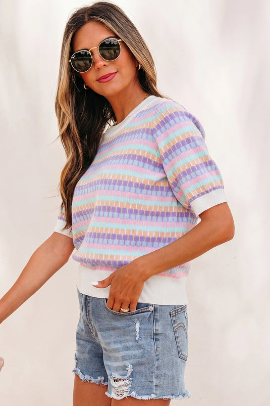 DLLS585 - Ladies Purple Abstract Striped Knit Short Sleeve Sweater