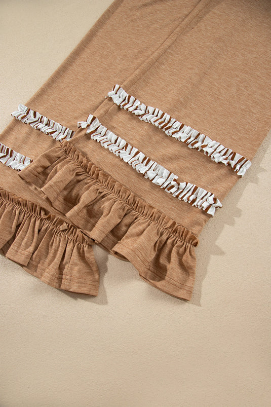 DLLS1030 - Ladies Khaki Stripe V Neck Ruffle Sleeve Top Drawstring Pants 2pcs Set