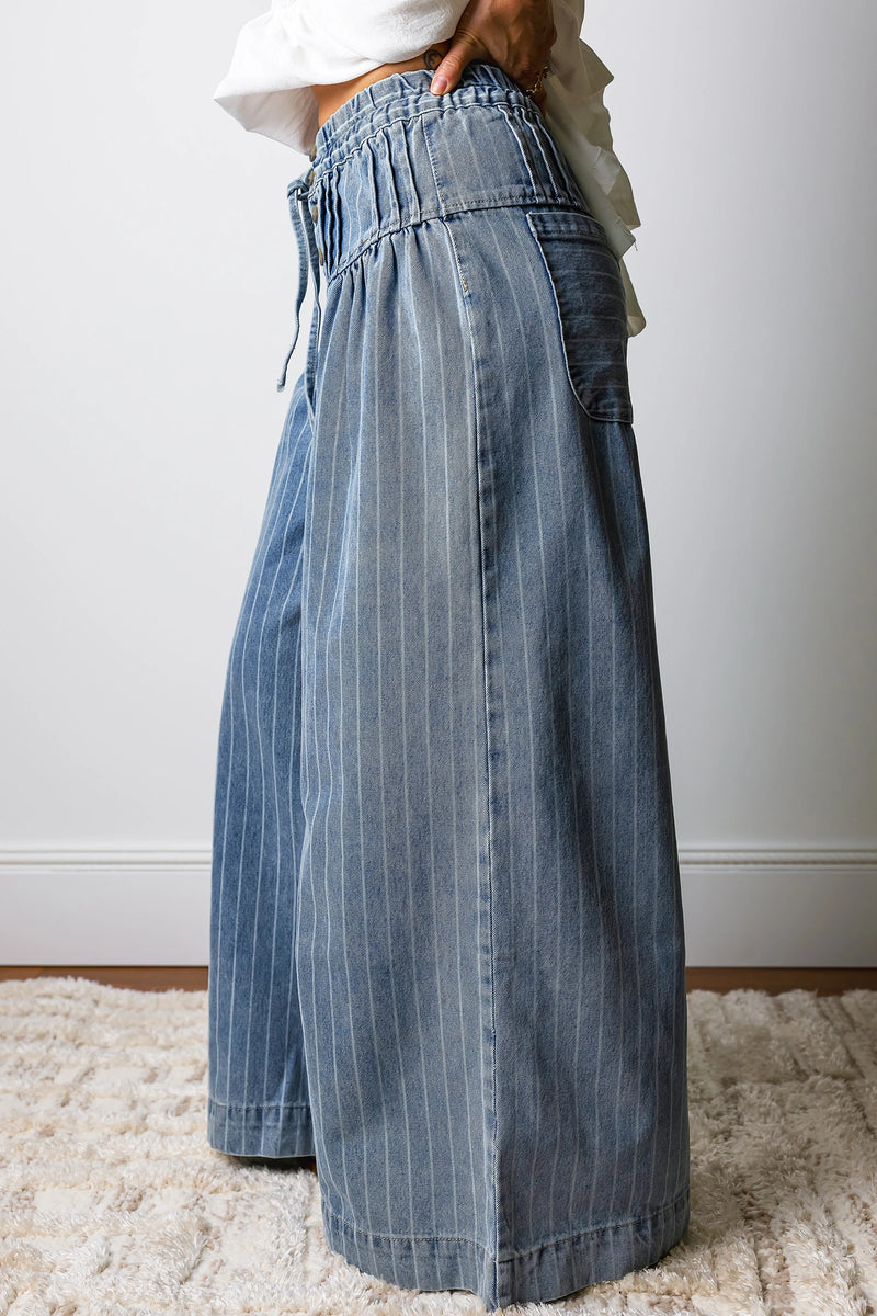 Load image into Gallery viewer, DLLS1002 - Ladies Sky Blue Stripe Button Pleated Drawstring Waist Casual Wide Leg Jeans
