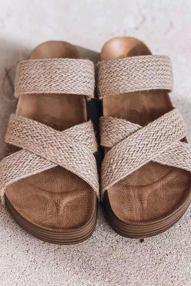 Load image into Gallery viewer, DLLSHOE 97 - Beige Woven Cross Criss Hollowed Slip-On Slippers
