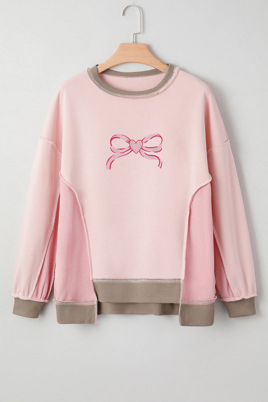 DLLS316 - Ladies Light Pink Heart Bow Embroidered Exposed Seam Waffled Patchwork Sweatshirt