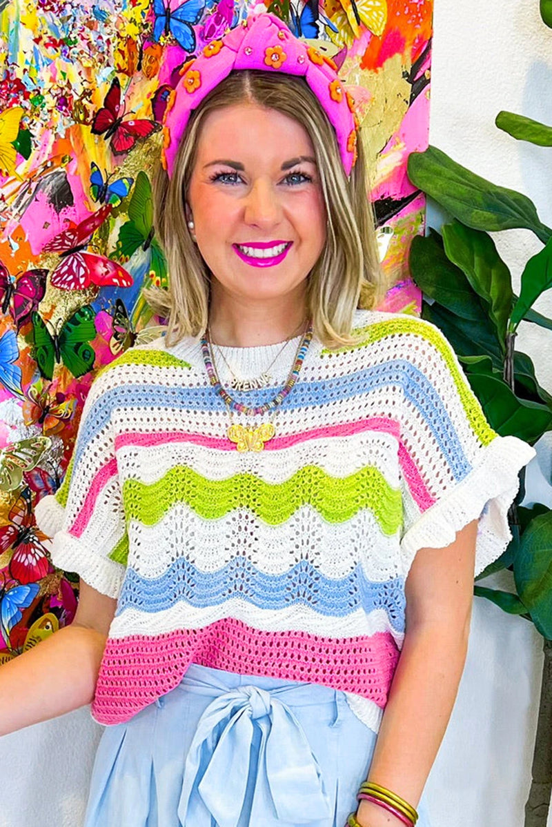 Load image into Gallery viewer, DLLS570 - Ladies White Color Block Crochet Knit Ruffled Short Sleeve Sweater Top
