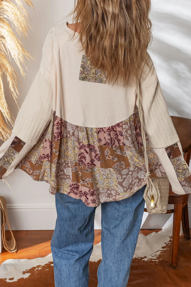 Load image into Gallery viewer, DLLS163 - Ladies Beige Paisley Ethnic Print Contrast Patchwork Long Sleeve Loose Top
