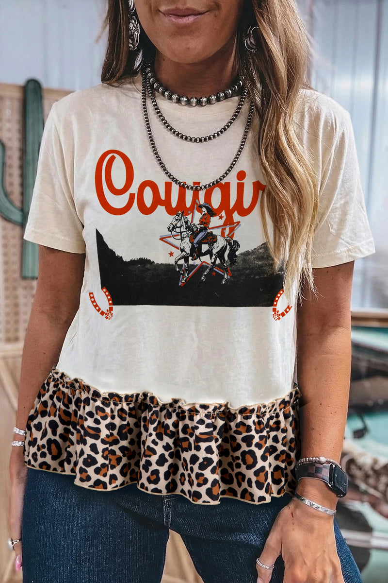 Load image into Gallery viewer, DLLS591 - Ladies White Retro COWGIRL Print Leopard Ruffle Hem Patchwork T Shirt
