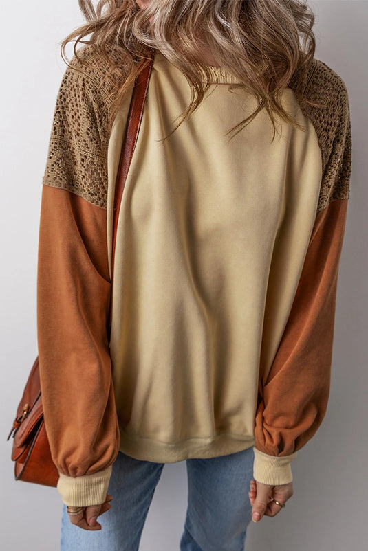 DLLS158 - Ladies Khaki Lace Patchwork Colorblock Drop Shoulder Sweatshirt
