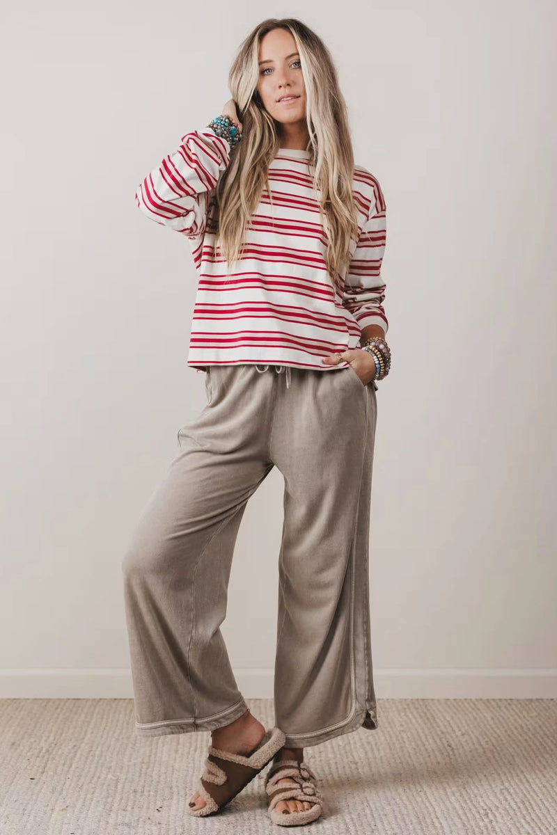 Load image into Gallery viewer, DLLS680 - Ladies Red Stripe Long Sleeve Striped Top

