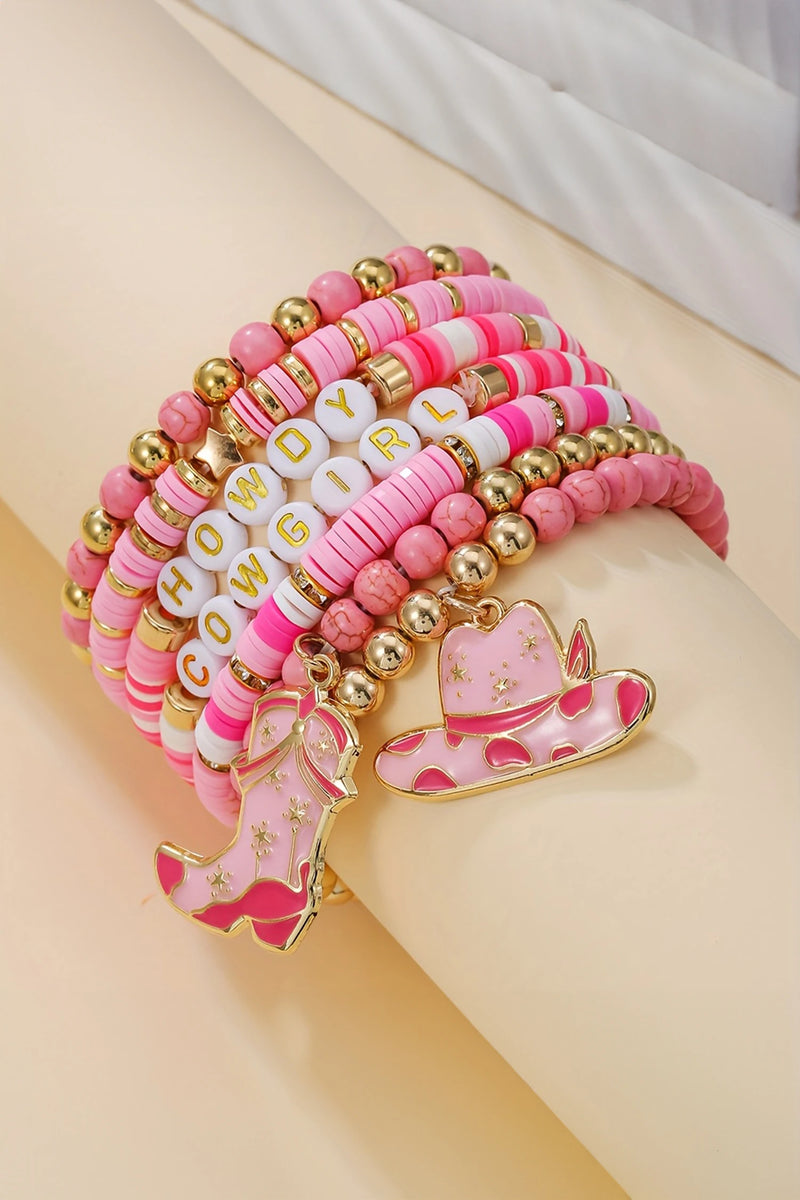 Load image into Gallery viewer, DLLBC 20 - Pink 7pcs HOWDY COWGIRL Hat Boot Beaded Stretch Bracelet Set
