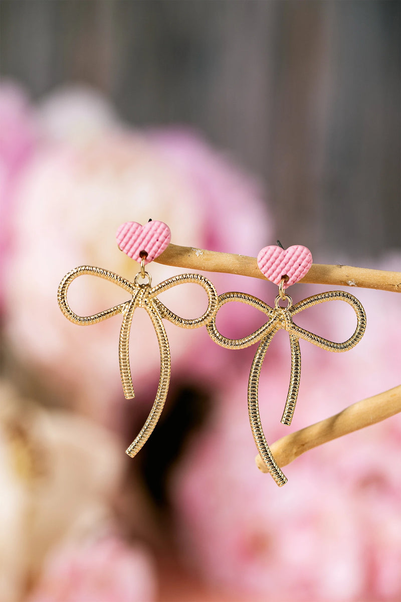 Load image into Gallery viewer, DLLER 27 - Pink Waffled Heart Stud Gold Plated Bow Dangle Earrings
