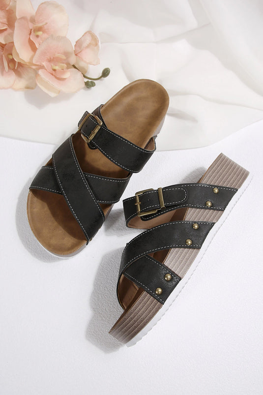 DLLSHOE 155 - Color Black Faux Suede PU Leather Strappy Cutout Retro Slippers