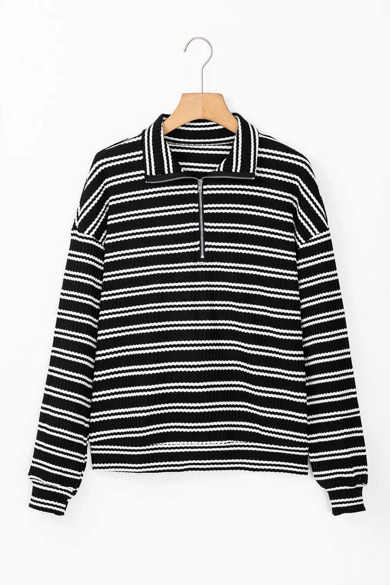 Load image into Gallery viewer, DLLS322 - Ladies Black Stripe Textured Quarter Zip Collar Long Sleeve Top
