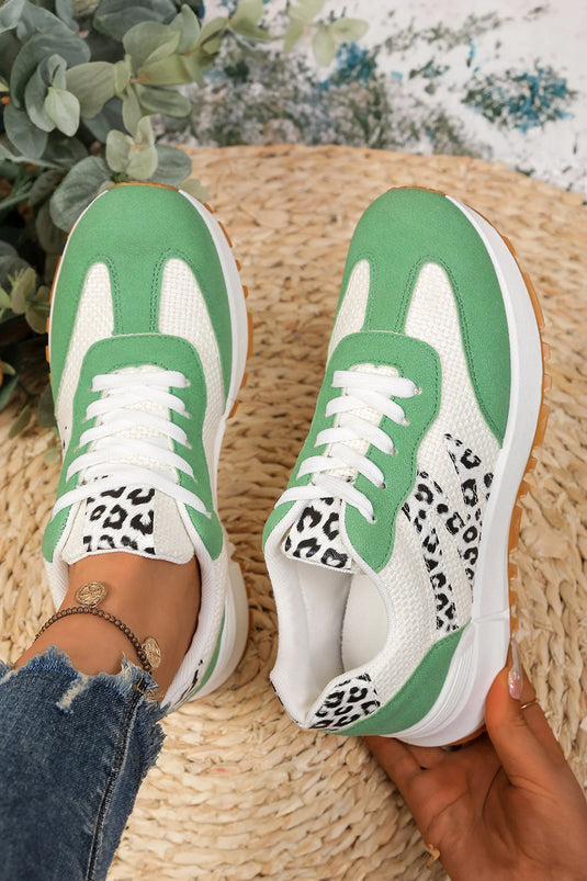 DLLSHOE 165 - Green PU Leather Leopard Color Block Detail Lace Up Sporty Sneakers