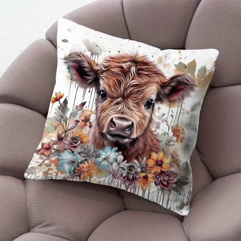 Load image into Gallery viewer, TMPL40 - Set of 2 - 18&quot; x 18&quot; Highland Cow Floral Throw Pillows
