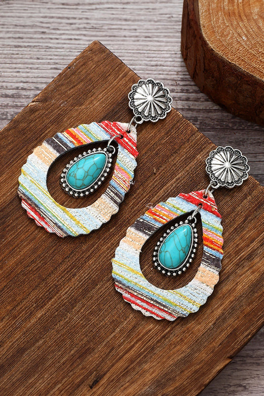 DLLER 12 - Red Hollowed Waterdrop Shape Leather Turquoise Earrings