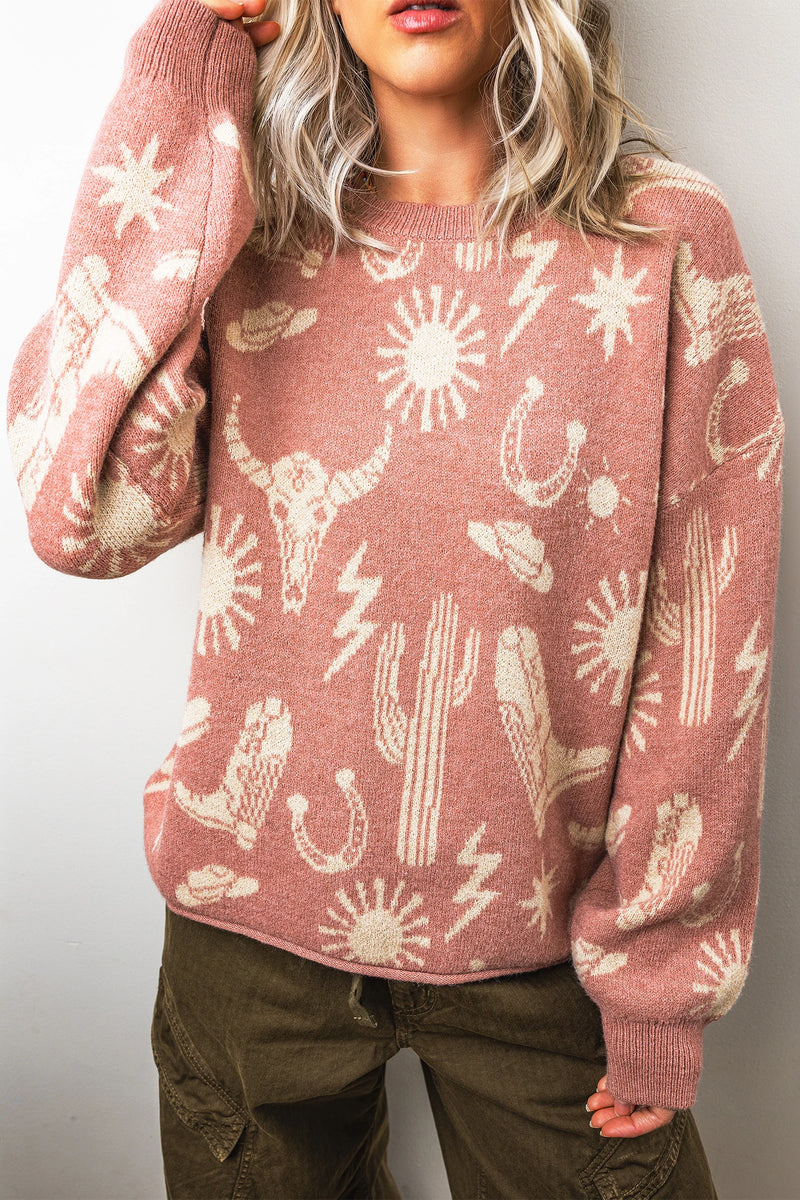 Load image into Gallery viewer, DLLS731 - Ladies Peach Western Print Drop Shoulder Round Neck Long Sleeve Sweater
