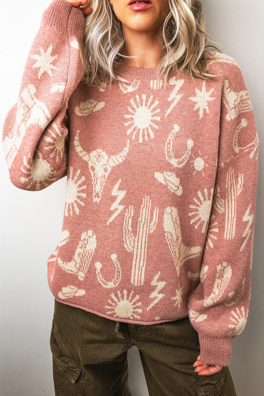 DLLS731 - Ladies Peach Western Print Drop Shoulder Round Neck Long Sleeve Sweater
