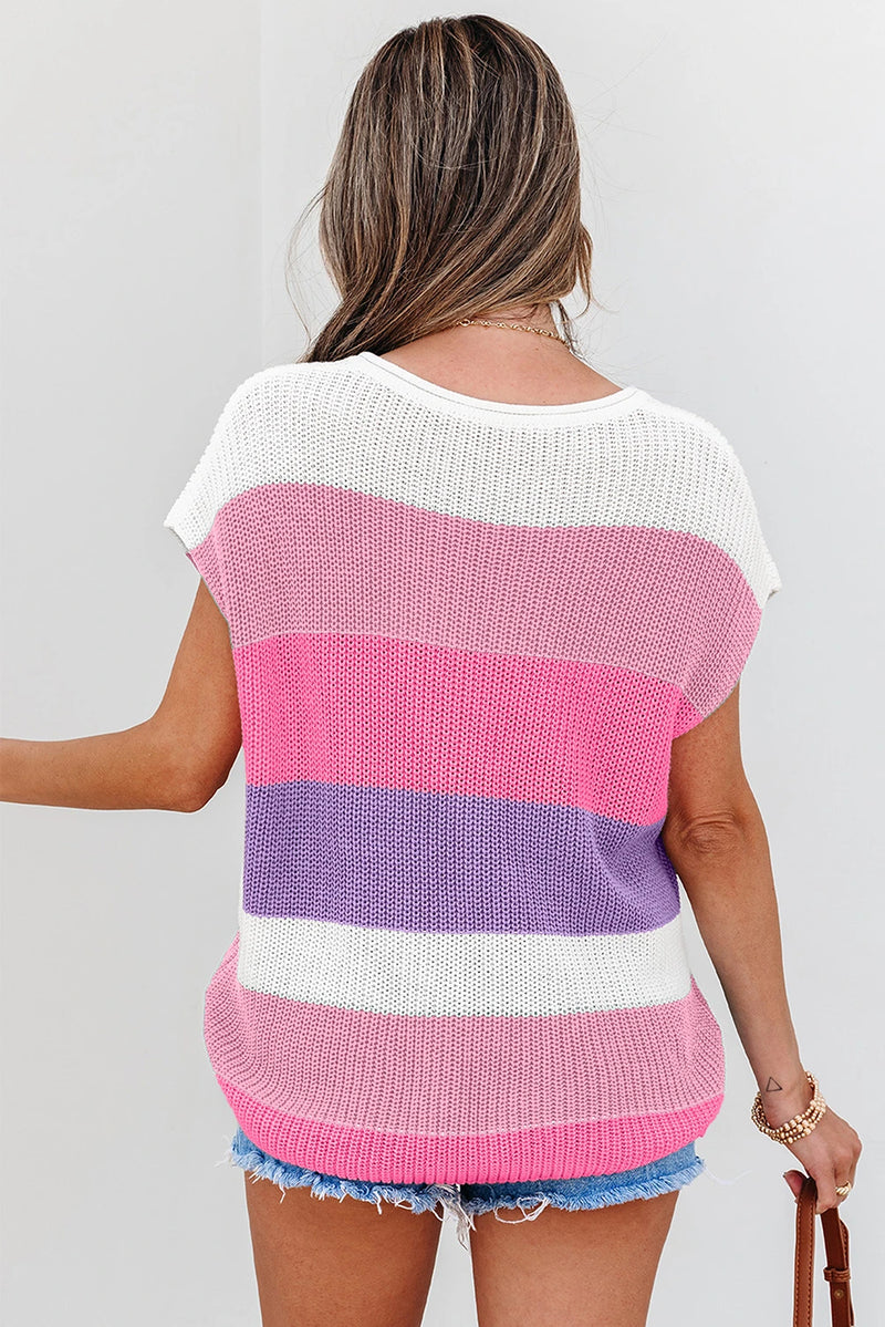 Load image into Gallery viewer, DLLS457 - Ladies Pink Color Block Notch V Neck Sweater T-Shirt
