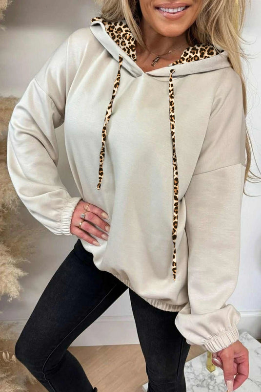 DLLS406 - Ladies Jet Stream Leopard Contrast Drawstring Hood Drop Shoulder Loose Top