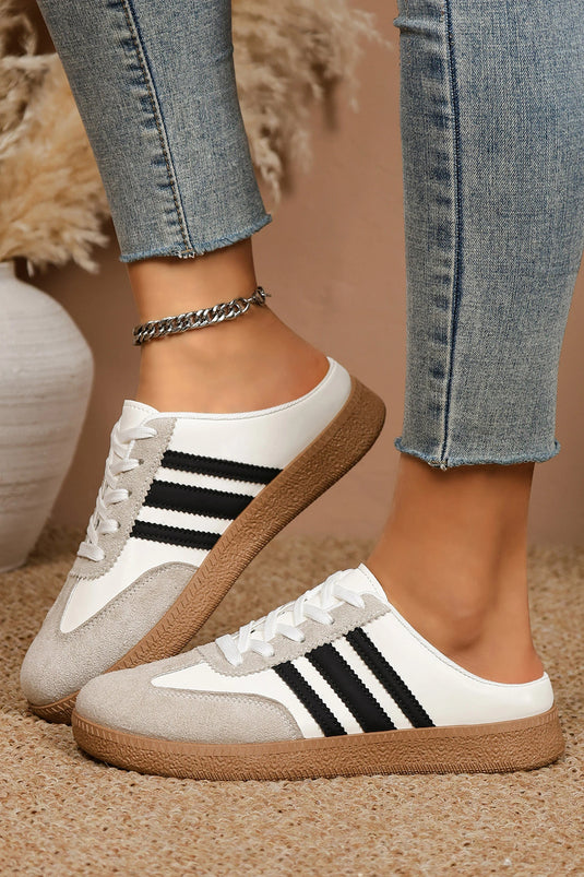DLLSHOE 147 - White PU Leather Color Block Varsity Lace Up Flat Shoes