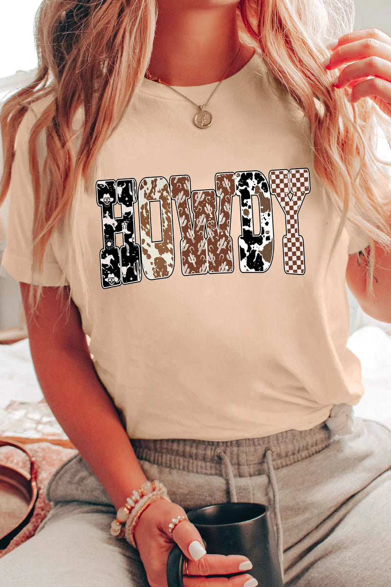 Load image into Gallery viewer, DLLS756 - Ladies Khaki Western HOWDY Slogan Casual Graphic T-Shirt
