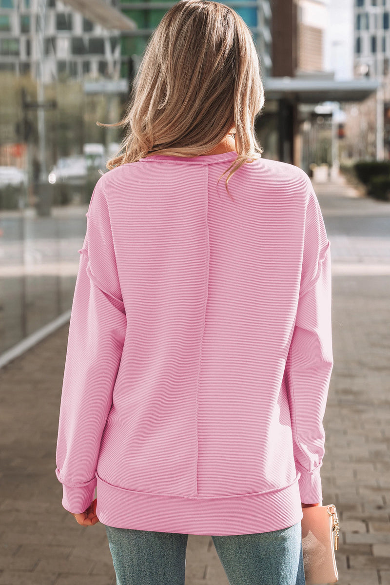 Load image into Gallery viewer, DLLS926 - Ladies Pink Horizontal Ribbed Exposed Seam Detail Drop Shoulder Baggy Pullover
