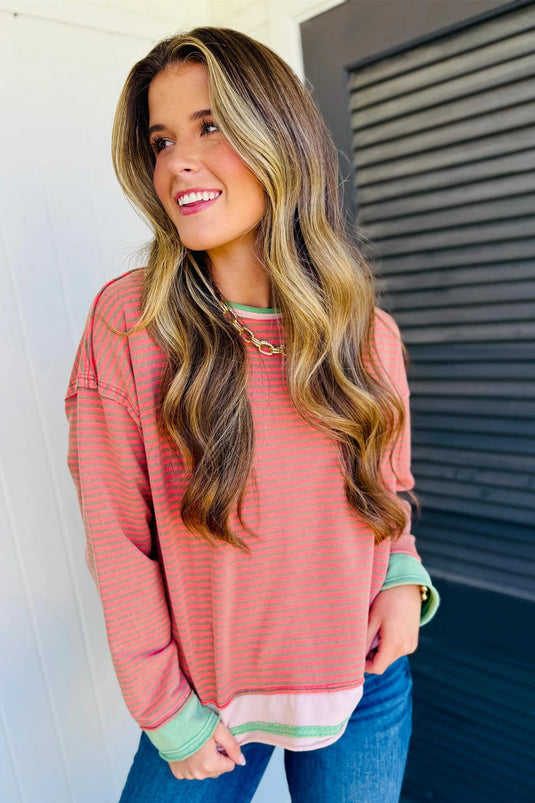 DLLS683 - Ladies Orange Striped Tunic Top with Colorblock Cuffs and Round Neck