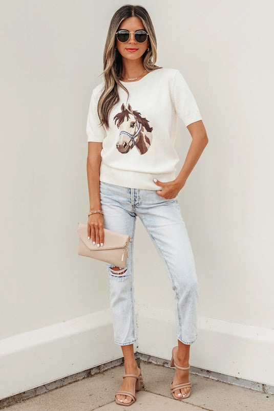 DLLS935 - Ladies White Wild West Horse Head Printed Short Sleeve Sweater