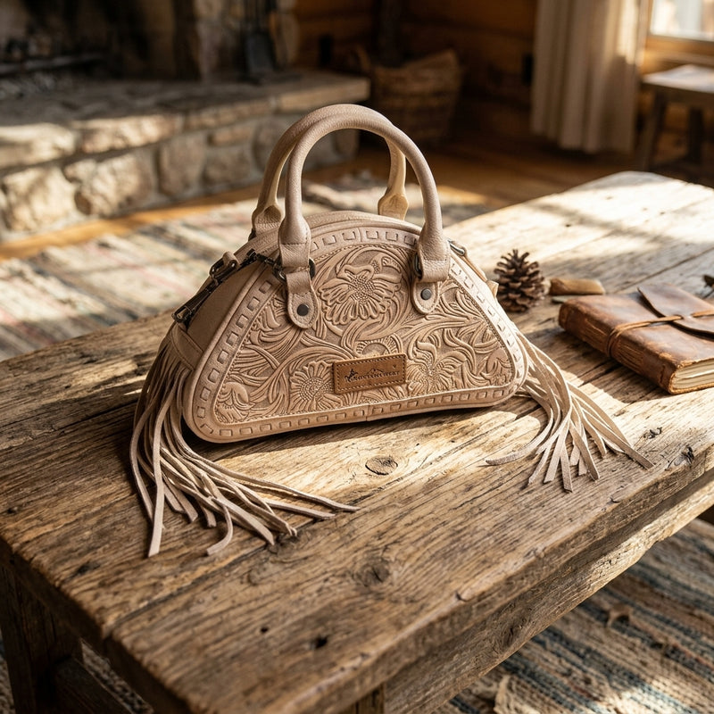 Load image into Gallery viewer, MW1363-889TN - Montana West Tooled Floral Fringe Dome Satchel Bag - Tan
