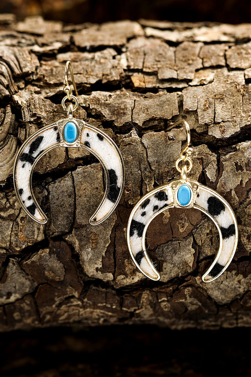 Load image into Gallery viewer, DLLER 16 - Black Cow Print Turquoise Inlay Crescent Shaped Dangle Earrings
