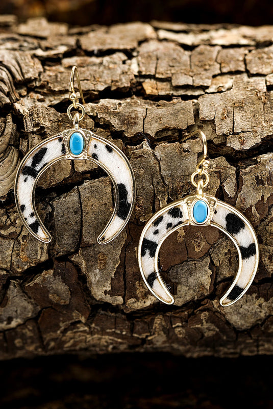DLLER 16 - Black Cow Print Turquoise Inlay Crescent Shaped Dangle Earrings