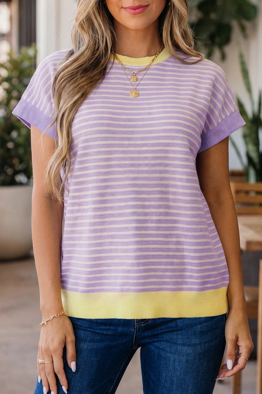 DLLS699 - Ladies Purple Striped Colorblock Paneling Collar Cuff Hem Texture T-Shirt