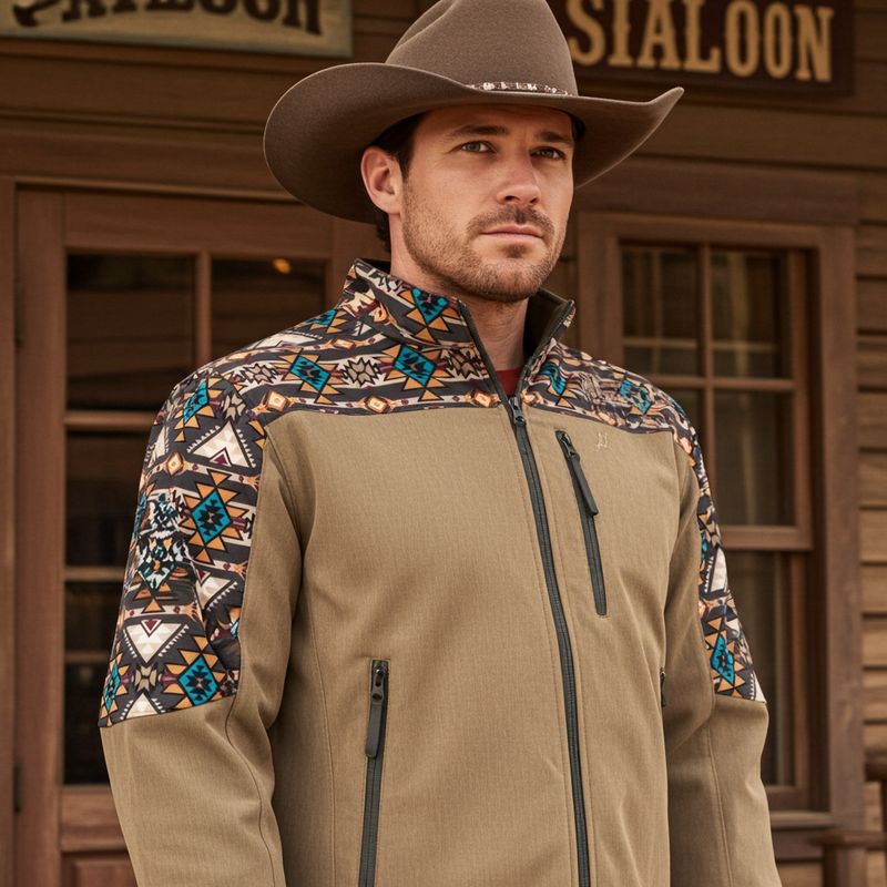 Load image into Gallery viewer, HJ092TNAZ - &quot;Hooey Softshell Jacket&quot; Tan Full Zip with Brown / Tan Aztec Sleeves
