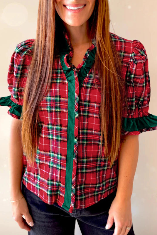 DLLS856 - Ladies Red Plaid V Neck Ruffle Color Block Trim Short Sleeve Shirt