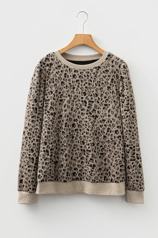 DLLS301 - Ladies Khaki Ribbed Trim Leopard Print Long Sleeve Top
