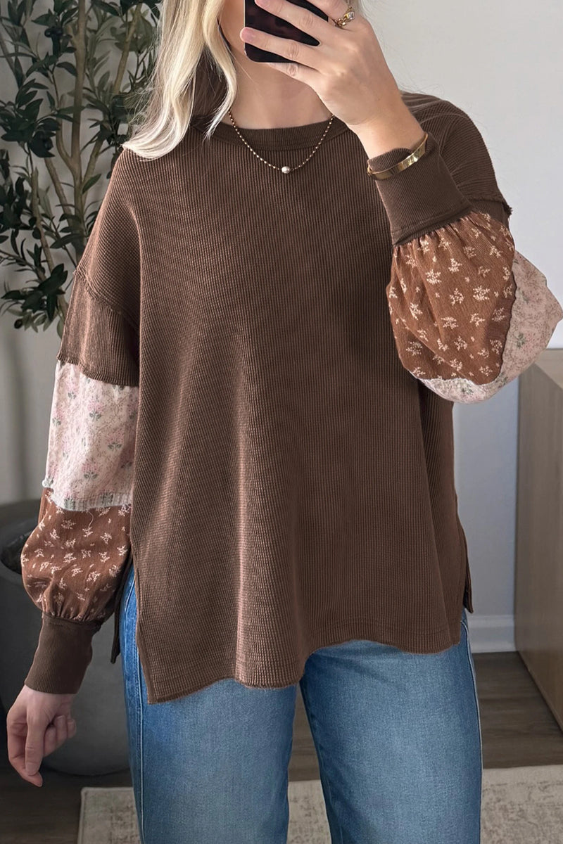 Load image into Gallery viewer, DLLS725 - Ladies Coffee Floral Print Colorblock Long Sleeve Loose Pullover Tunic Top
