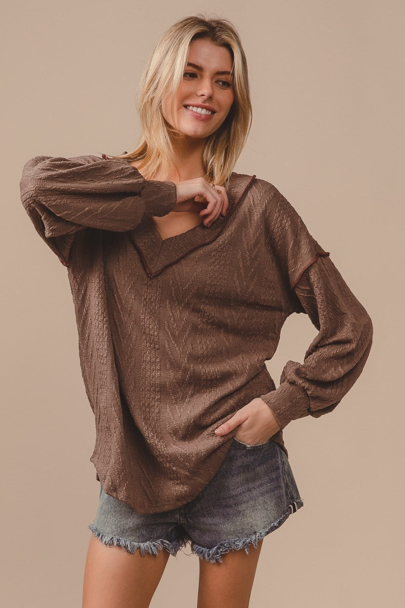 Load image into Gallery viewer, BIBI17- Ladies Corded Sweater With Out Stitching Detailed V Neck
