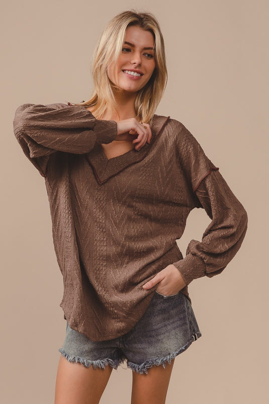 BIBI17- Ladies Corded Sweater With Out Stitching Detailed V Neck