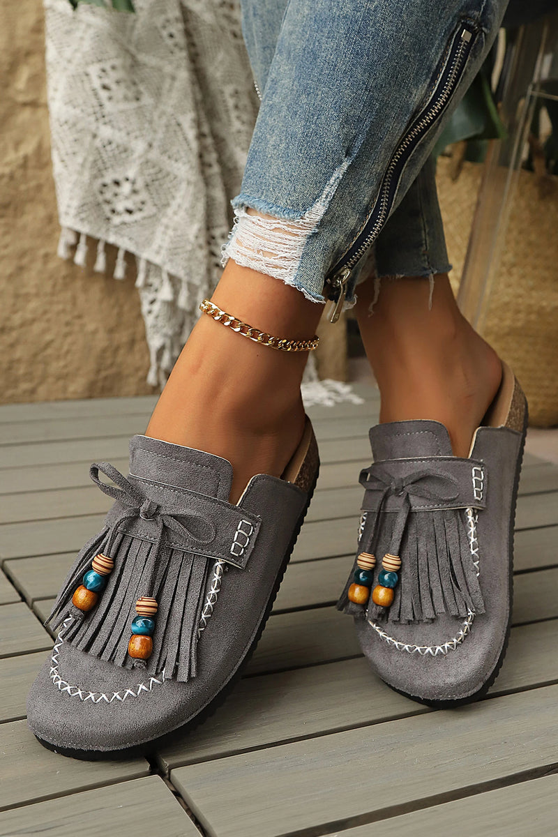 Load image into Gallery viewer, DLLSHOE 172 - Grey Boho Fringed Suede Slip-on Loafers Square Toe Casual Slippers
