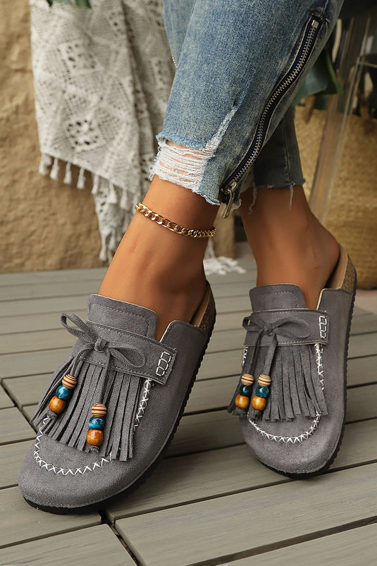 DLLSHOE 172 - Grey Boho Fringed Suede Slip-on Loafers Square Toe Casual Slippers