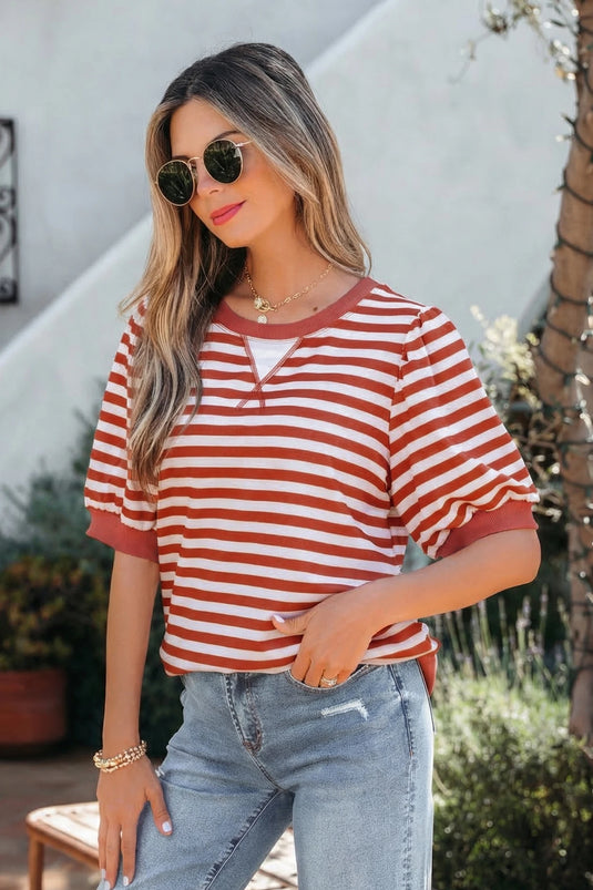 DLLS937 - Ladies Orange Stripe Short Bubble Sleeve T Shirt
