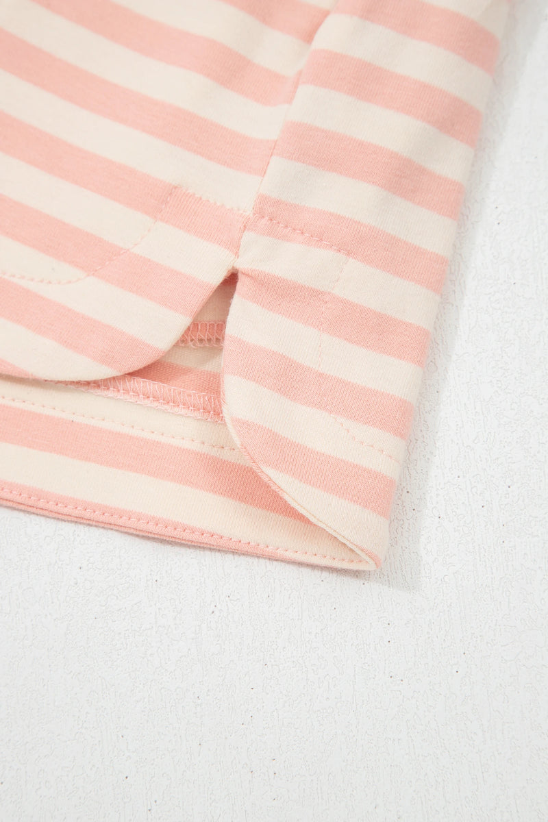 Load image into Gallery viewer, DLLS701 - Ladies Pink Stripe Contrast Neck Loose Tee and Drawstring Shorts Set
