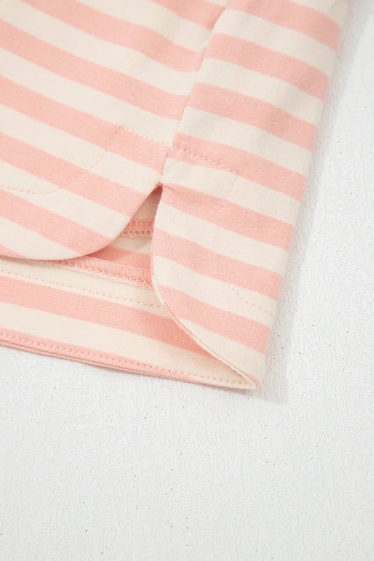 DLLS701 - Ladies Pink Stripe Contrast Neck Loose Tee and Drawstring Shorts Set