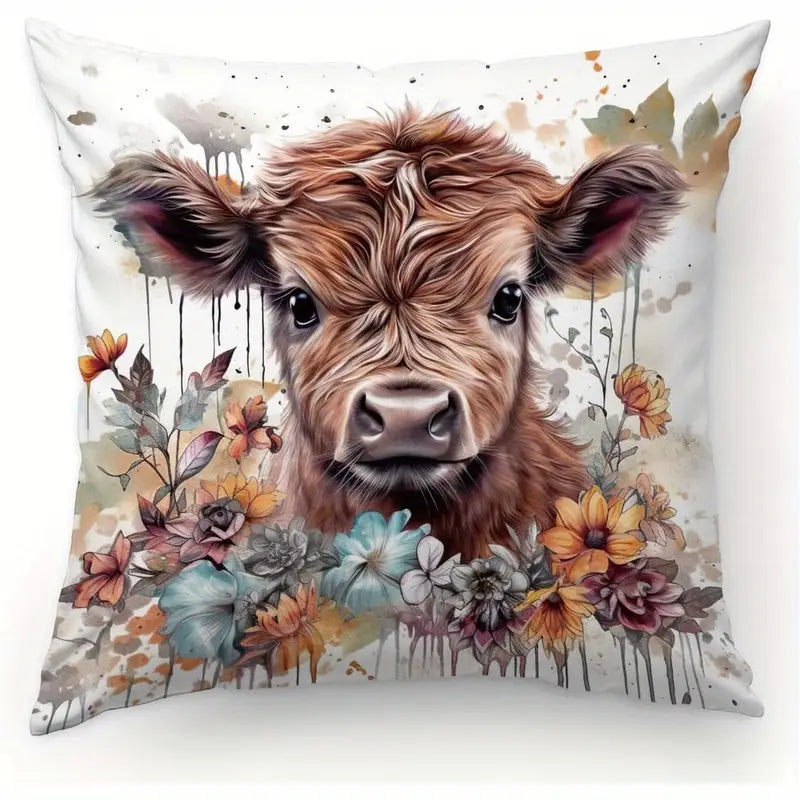 Load image into Gallery viewer, TMPL40 - Set of 2 - 18&quot; x 18&quot; Highland Cow Floral Throw Pillows
