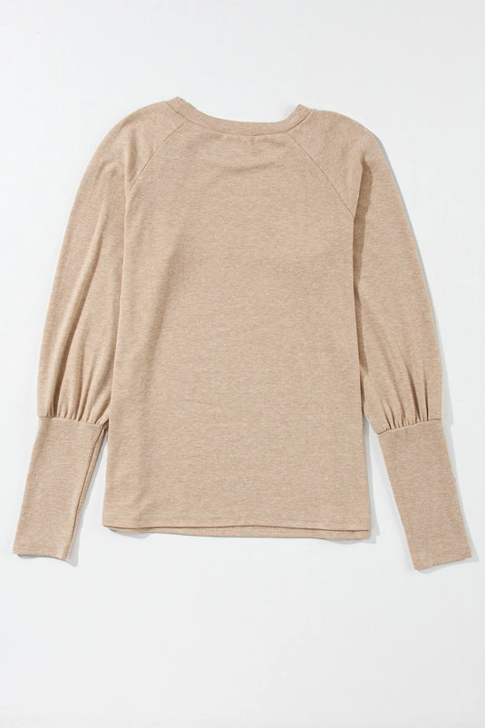 DLLS275 - Ladies Pale Khaki Solid Ruched Raglan Sleeve Knit Top