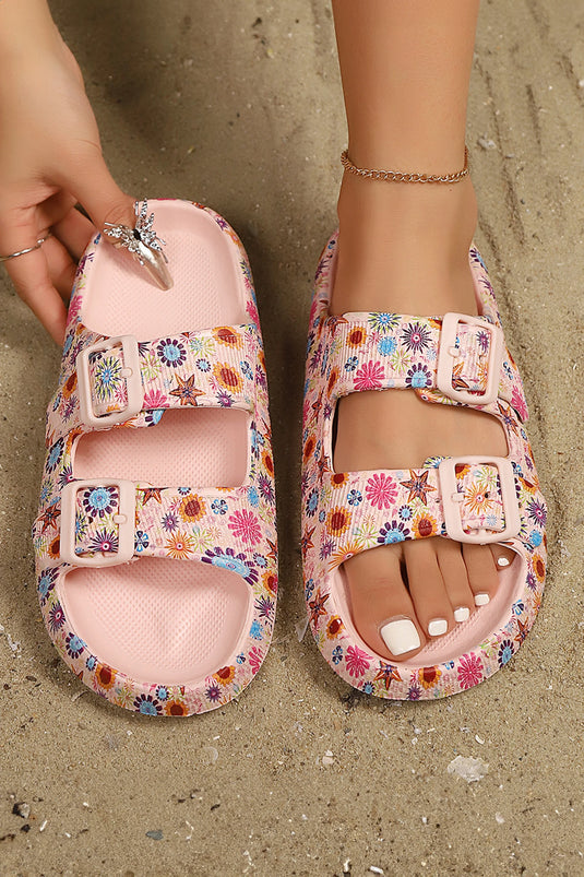 DLLSHOE 64  - Pink Floral Print Double Buckle Casual Slippers
