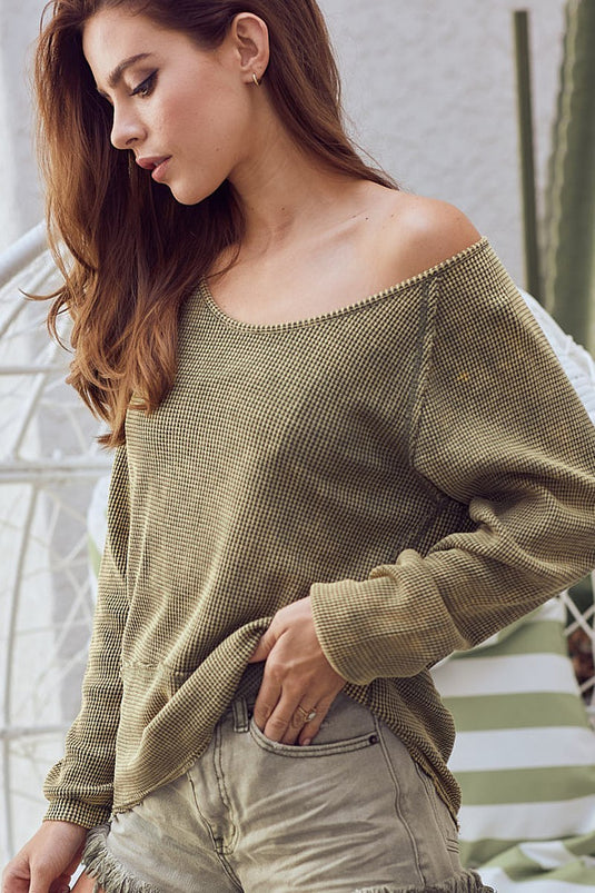 BIBI6- Ladies Washed Thermal Green Top