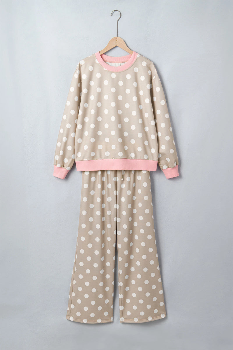Load image into Gallery viewer, DLLS1137 - Ladies Khaki Polka Dot Long Sleeve Top Drawstring Shift Pants Set
